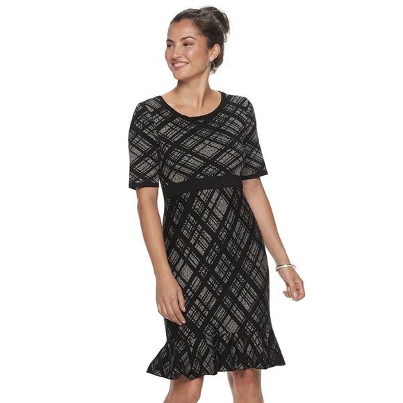 Nina Leonard Dresses & Skirts - NINA LEONAR Plaid Flounce Hem Knit Sheath Dress Mink Black Stretchy Small Medium